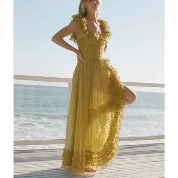 Doen Ernestine Maxi Silk Eyelet Embroidered Dress Moss Size XS - Picture 11 of 14